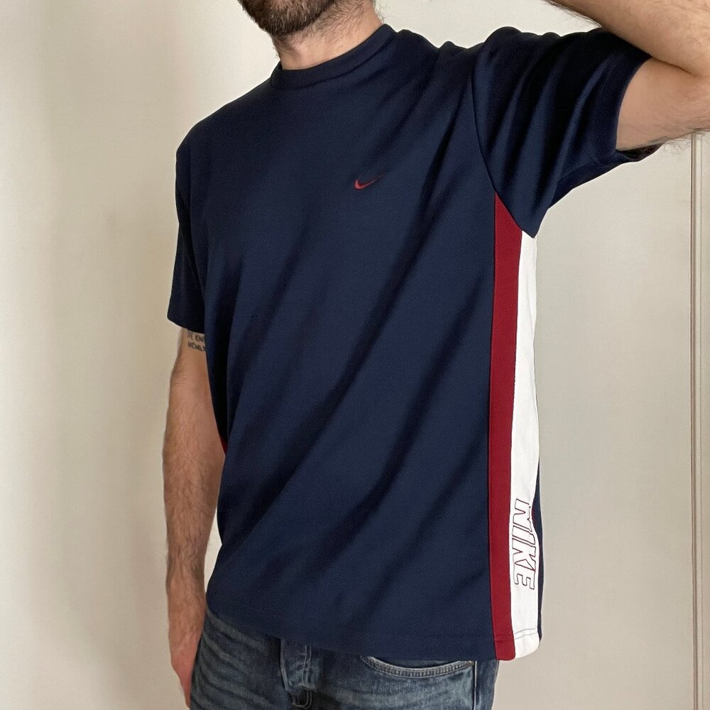 NIKE 90s Y2K Embroidered Swoosh Logo T Shirt Size Large Blue Polyester Jersey